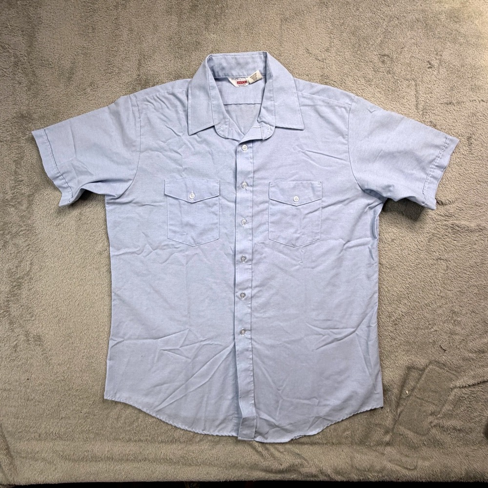 Vintage Unitog Mens Light Blue Short Sleeve Work Shirt Union Made 17-17.5 XL